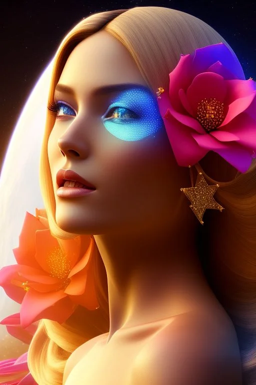 Flower, face,angel, blondie, beautiful place,amazing, cosmic, colors, planet, gold, realistic, photo real, stars night, detailed, high contrast, 8k high definition, unreal engine 5, extremely sharp detail, light effect, light background