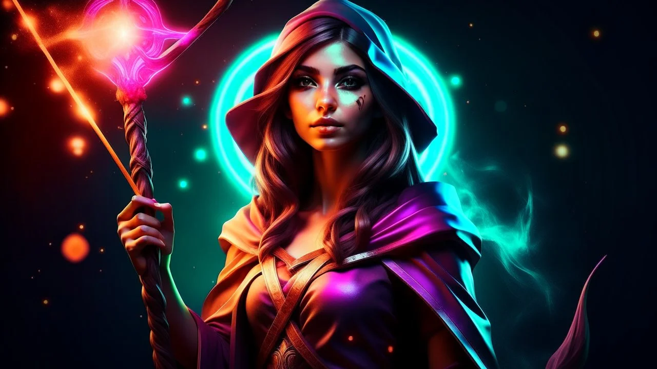 poster, a fantasy girl on a bright background holds a magic staff, with the ERAZE logo