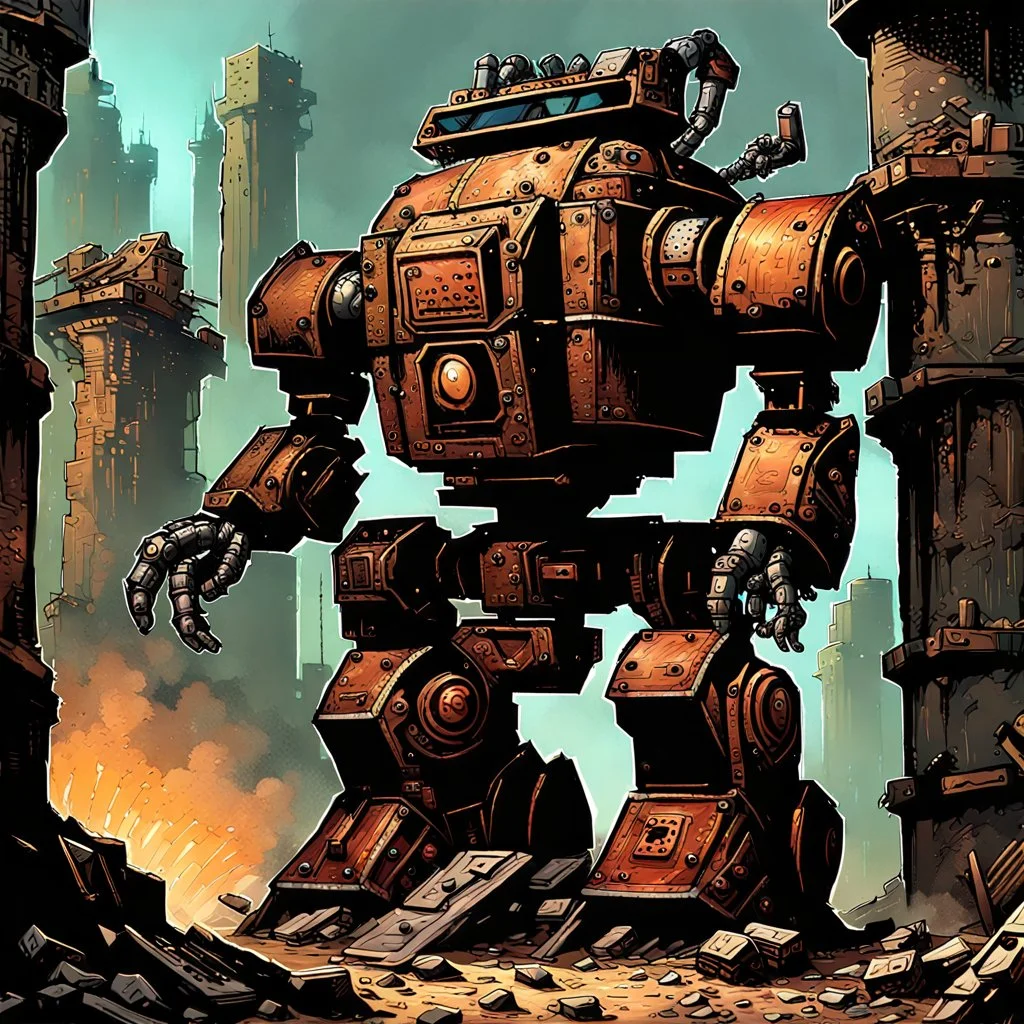 90's fantasy tcg art of a giant junk robot made of multiple parts in the ruins of a post apocalyptic city