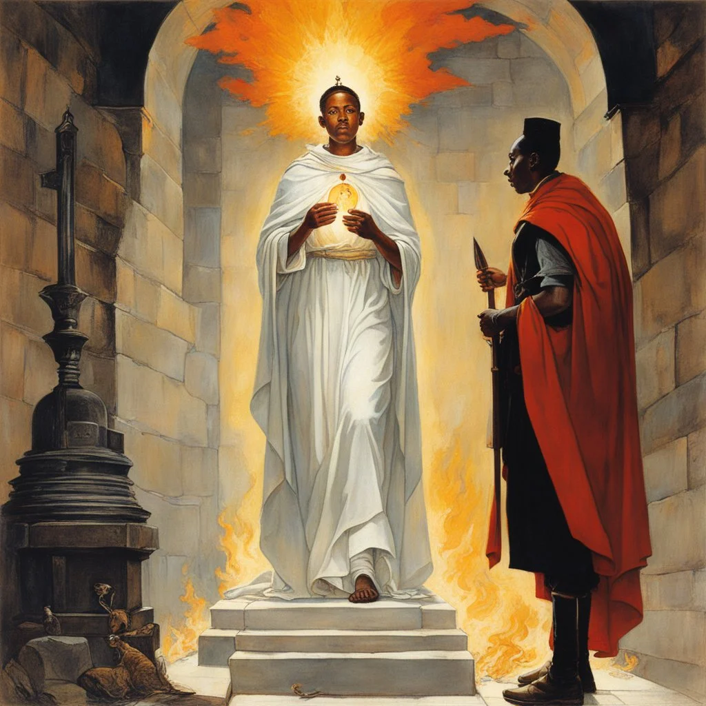 [art by Norman Rockwell] With newfound determination burning in his eyes, Roupinho stepped back, his gaze lingering on the statue of the Black Madonna. Leaving the grotto, Roupinho emerged into the world, his heart aflame with the divine spark that had been ignited within him. And so, the knight set forth on his sacred quest, his destiny intertwined with the miraculous presence of the Black Madonna of Nazaré. The echoes of his pledge reverberated through the hallowed halls of his soul, ignitin