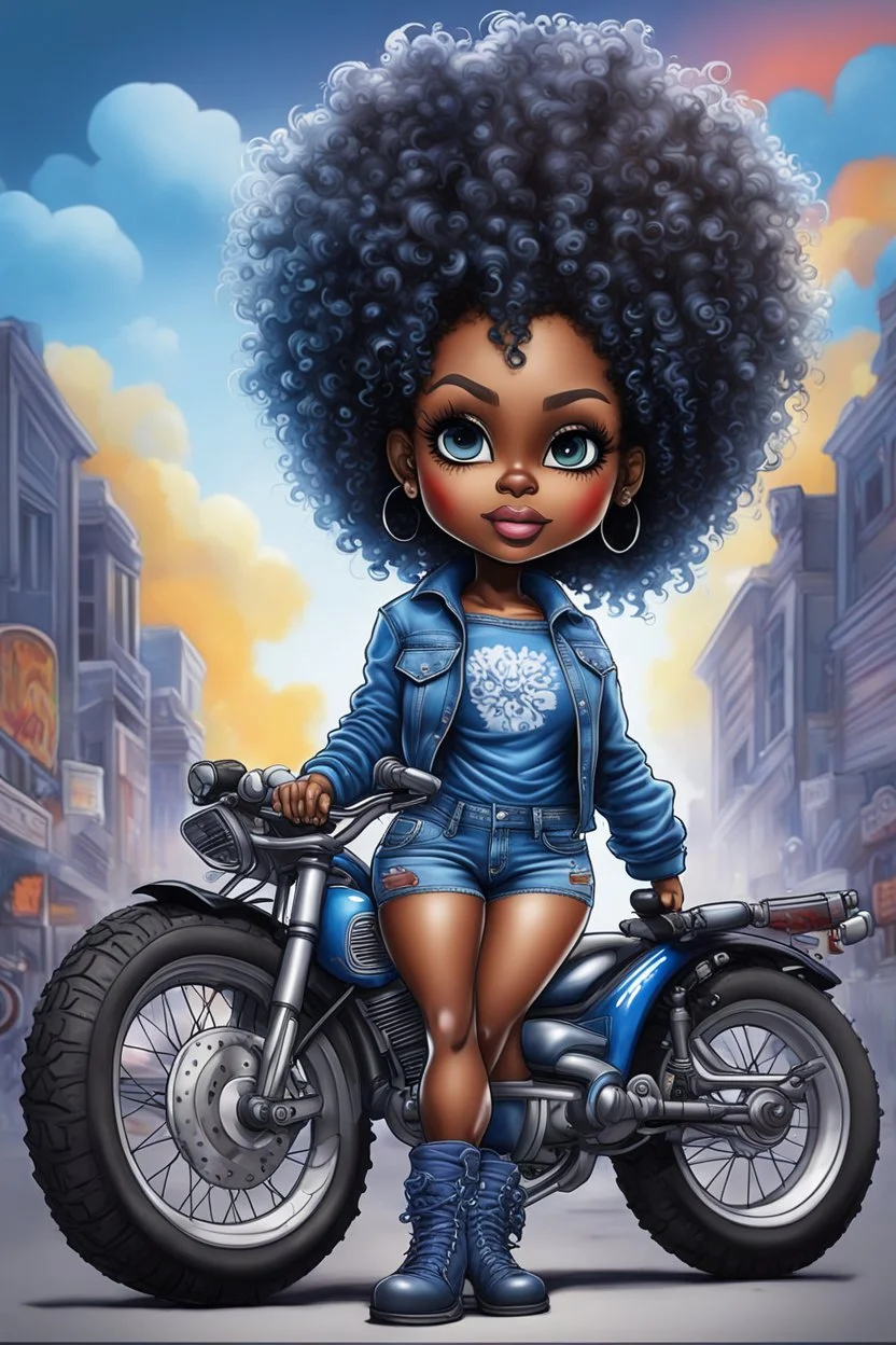 create an airbrush illustration of a chibi cartoon voluptuous black female wearing a blue jean outfit with a tie dye tshirt with biker boots. Prominent make up with hazel eyes. Extremely highly detail of a tight curly black and shiny afro. Background of a bike show