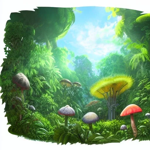 jungle on an alien planet with massive flowers, fruits and mushrooms, wideangle view, volumetric lighting, volumetric clouds, small minutiae, tiny features, particulars, precise pencil outlines, sharp lines, cinematic art