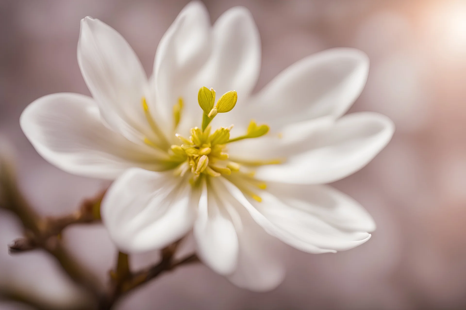 close-up of an almond flower , blurred background, bright side lighting.