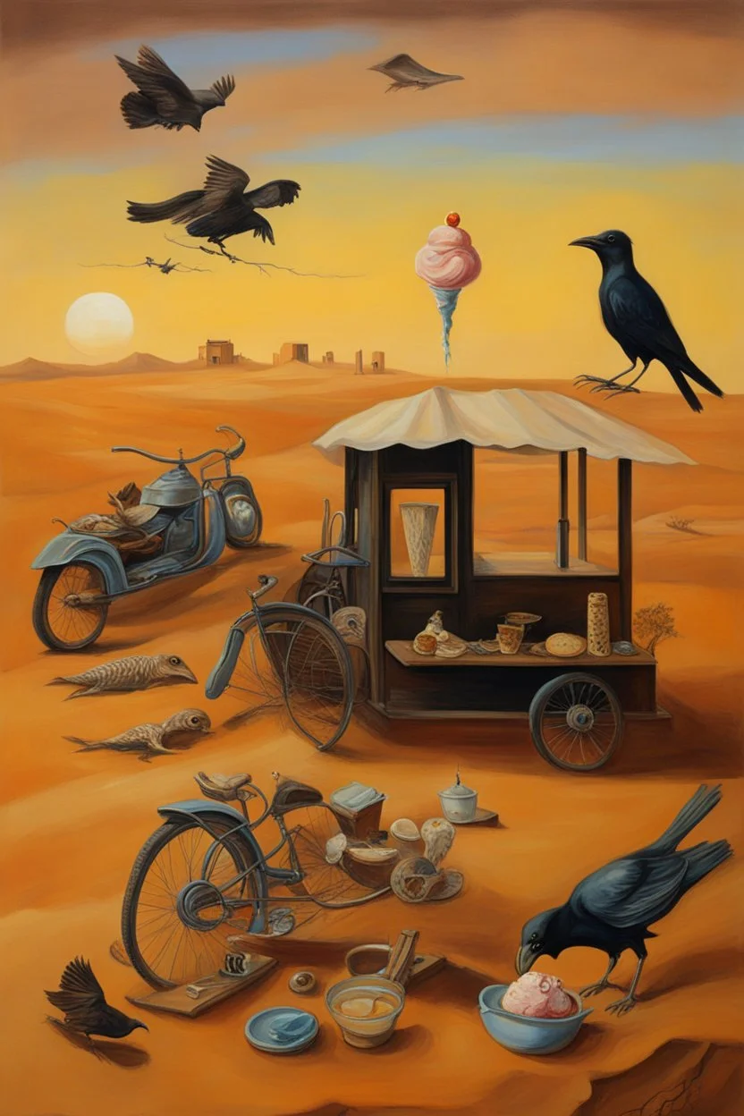 Surrealism painting of an abstract scene of an astraunot in the desert drinking tea, an ice cream stand, broken tricycle,.dead fish, black crow, a cow and a skull