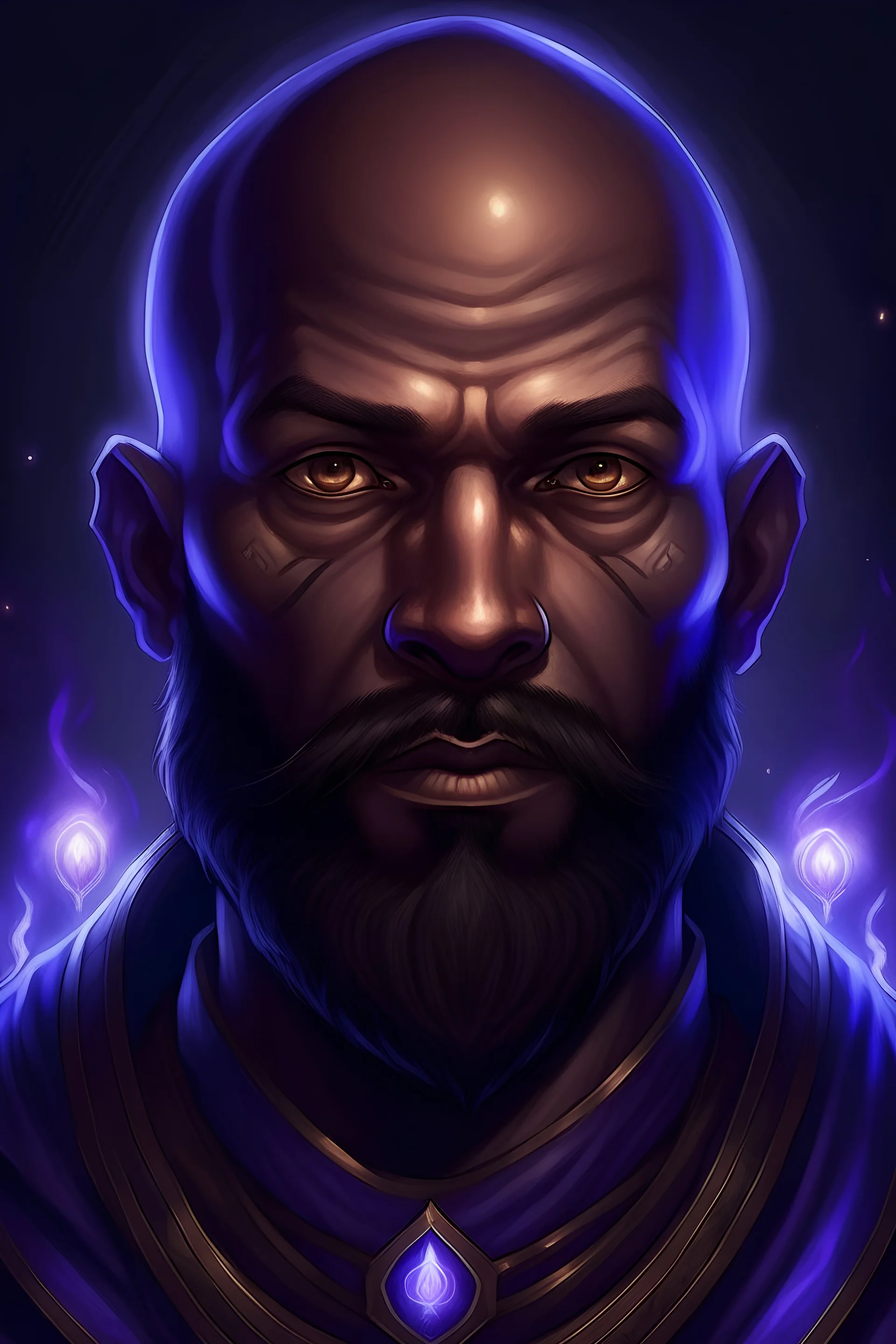 Generate a dungeons and dragons character portrait of the face of a male cleric of twilight human that looks like a black young man with beard and shaved head. Has glowing eyes and is surrounded by holy violet light.