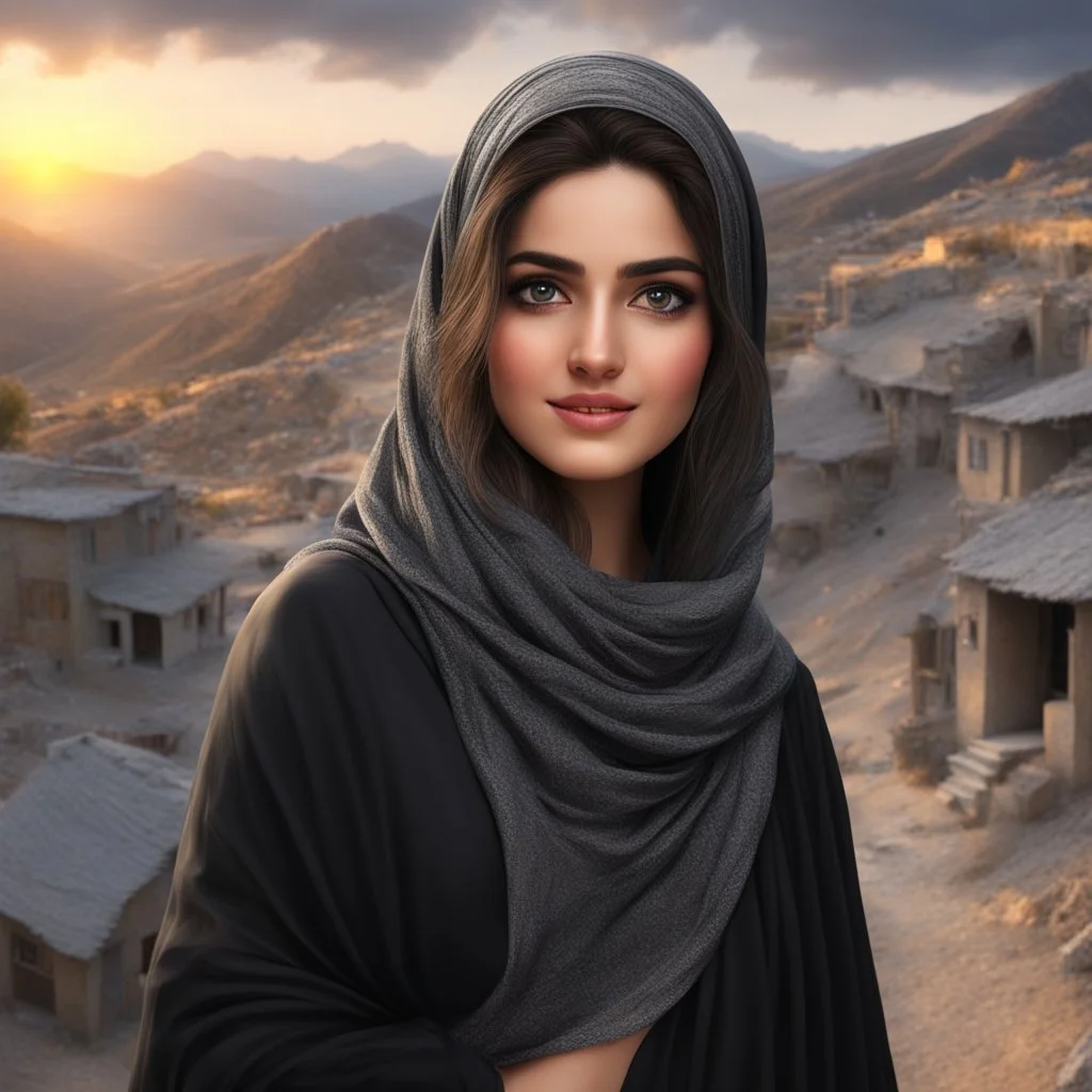 Hyper Realistic close-up-view of Beautiful Happy Pashto Girl with beautiful hair & beautiful eyes fully-covered-in-black-dress-&-grey-shawl standing outside village-houses on mountain-top with cloudy-sunset showing dramatic & cinematic ambiance