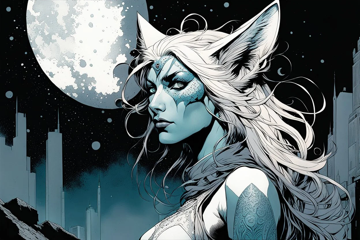 create an ethereal, otherworldly anthropomorphic Lynx woman , in the comic book art style of Mike Mignola, Bill Sienkiewicz, and Jean Giraud Moebius, with highly detailed and finely inked , dramatic natural lighting