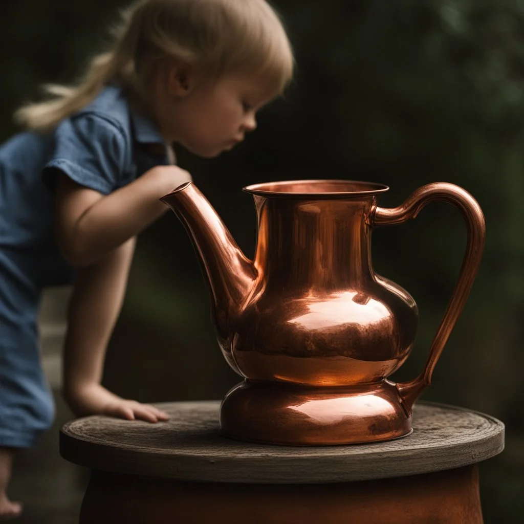 The reflection of a child on the surface of an old copper teapot