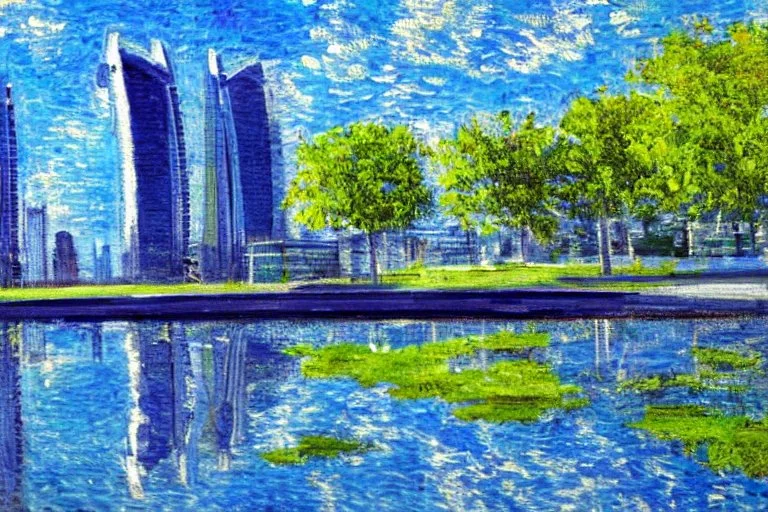 Sunny Day, futuristic buildings near the tree and lake zone, sci-fi, tendency to impressionism, realistic vision