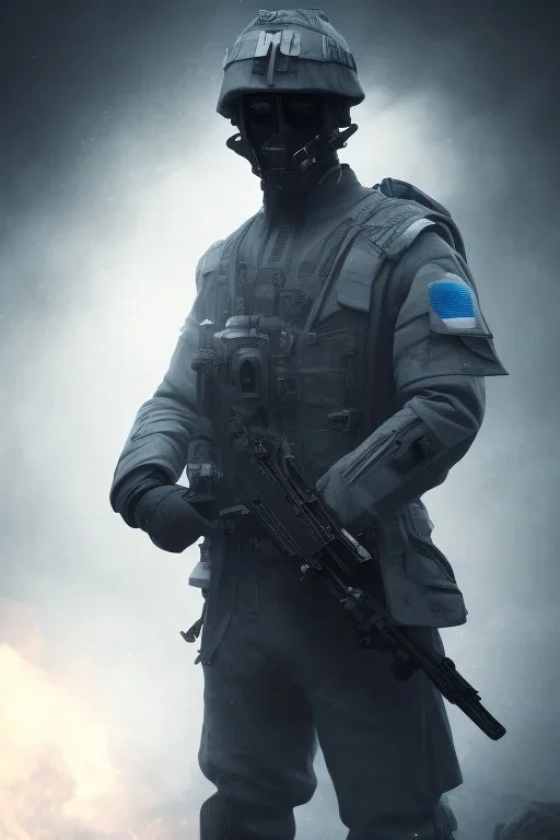 All Black british soldier, ghost, wearing high tech mask, white smoke, dark, rage, sorrow, high definition, ultra 8 k, volumetric lighting, blue fire, fog