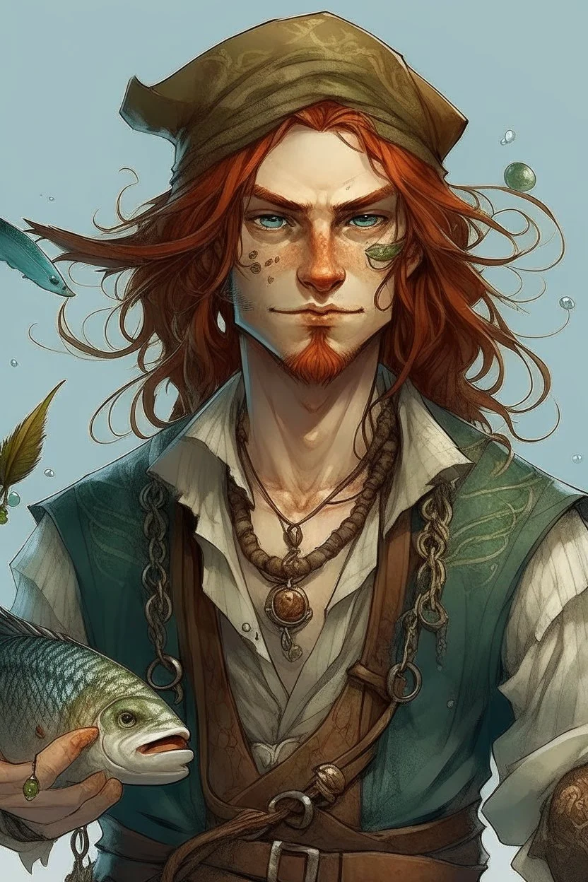 determined wet pirate nereid male with fish scaled skin, freckles and seaweed in long auburn hair