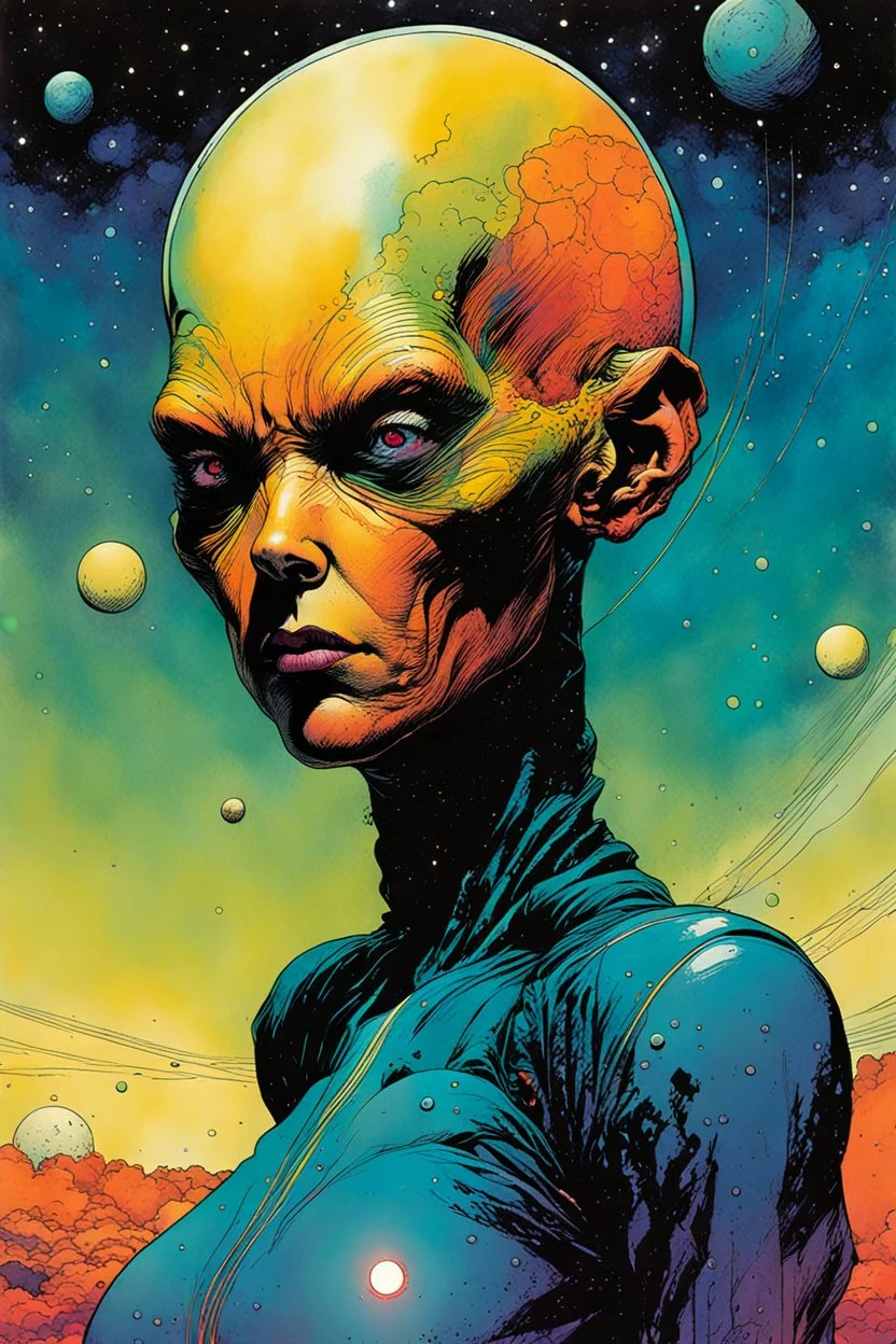 create an imaginative hybrid female extraterrestrial being, filming an apocalyptic void of chaos, in the comic book art style of Bill Sienkiewicz, Mike Mignola, and Jean Giraud Moebius, finely textured, drawn, colored, and inked