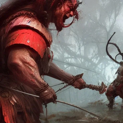 Insanely detailed photograph of an “portrait of a Giant Downsyndrome D&D barbarian wearing a red loincloth ”, smiling clear face and hyperdetailed painting by Ismail Inceoglu Huang Guangjian and Dan Witz CGSociety ZBrush Central fantasy art album cover art,8K, hdr, epic, mysterious, ominous, hands focused on a glowing D20, jewelry, motivated