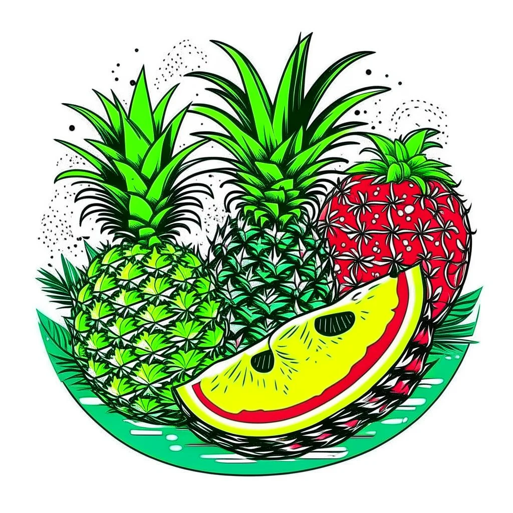 A tropical fruit platter with pineapple and watermelon slices, vibrant, refreshing, overhead lighting, T-shirt design graphic, vector, contour, white background