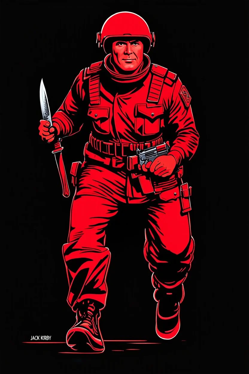 russian soldier(uniform and face based on racist steriotypes) running towards viewer, a knife i one hand, and a gun(barrel pointing at viewer) in the other. blocky retro 1960's jack kirby style poster in monochrome with white background