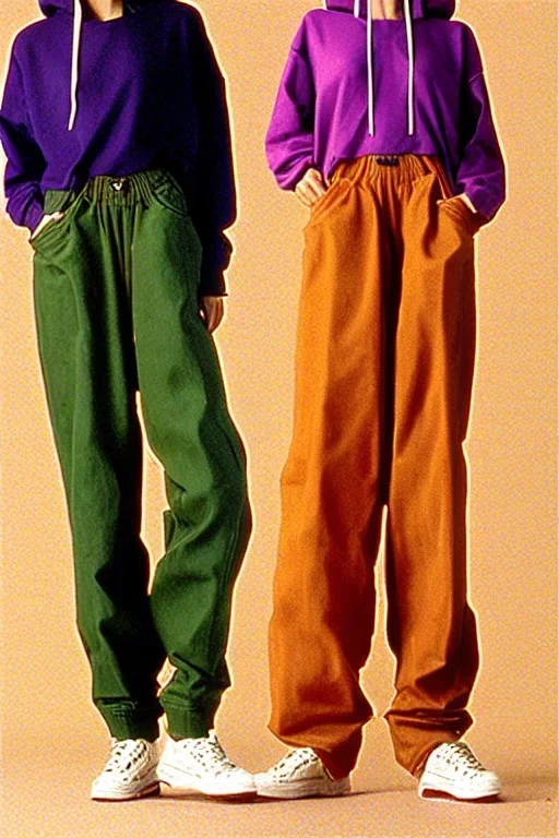 year 1998 women fashion. Loose, baggy, low waist Combat pants, t-shirt, new kind of hoodie with tippet! Colors: denim blue, blue, purple, cream, khaki, light green, lilac, plum, orange, terracotta, red, light yellow, lion yellow, pink, dark blue, beige. Lynx-pattern, Sturnus vulgaris-print. wide belt. Partly latex or leather. Kylie Minogue, Tyra Banks. leg warmer. Cargo pants and hoodie!