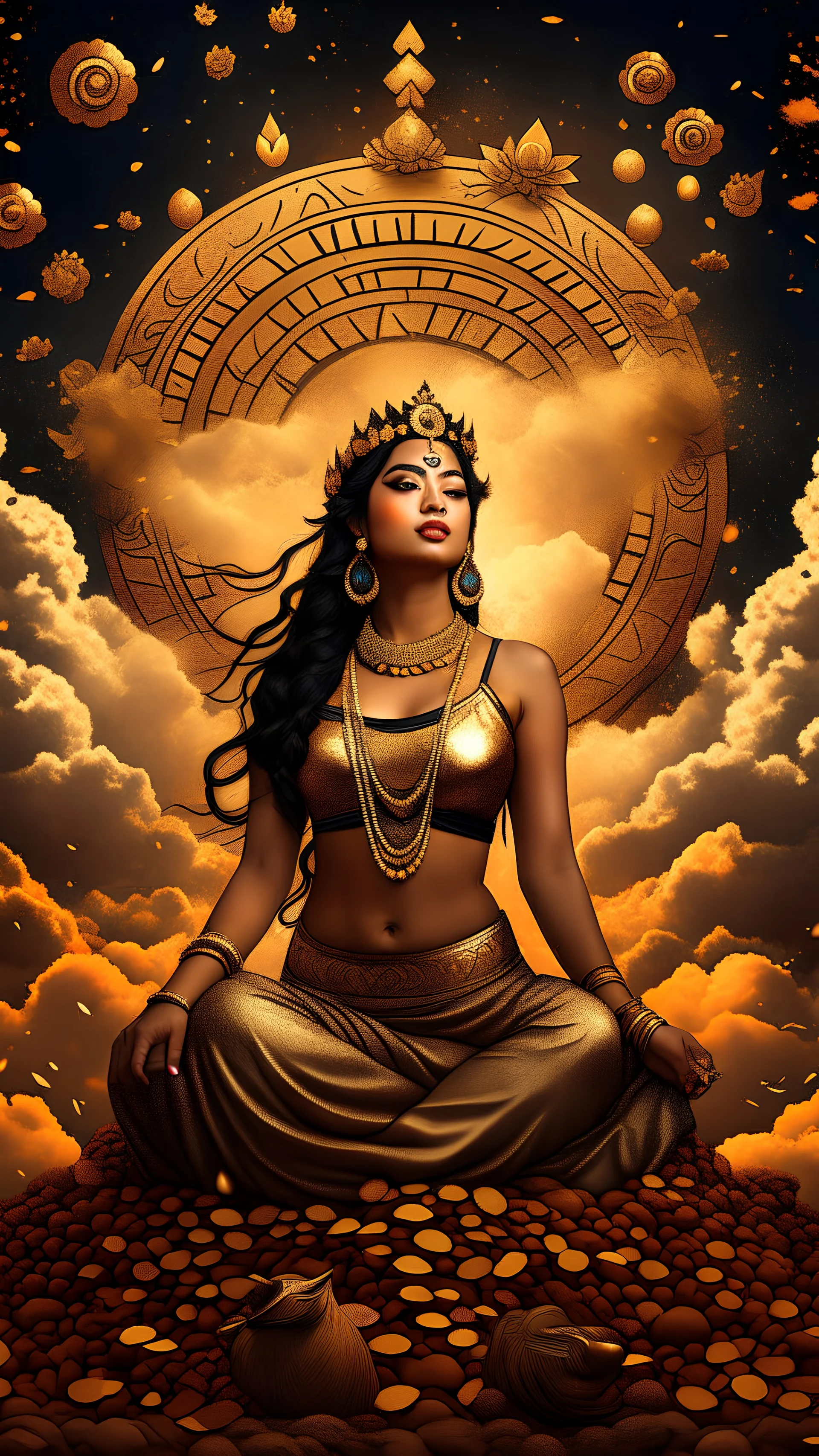 (((goddess lakshmi ,magic, explosion power,108 heavens))), masterpiece , portrait photography,dreamy,gold coins falling sky with crescent moon, celestial bodies, simplified, concept art by Lampu Kansanoh, (an Asian kombucha goddess) golden ,red, blue and black color scheme, billowing clouds, HD quality, art design garment printing.Cinematic lighting ,hyper detailed,1024K