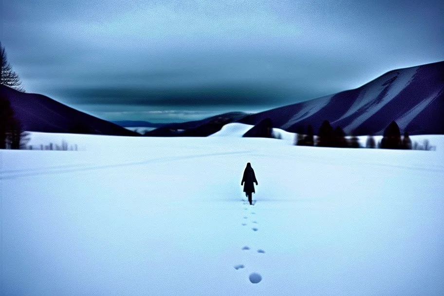 in the distance side a wiev a figure in dark clothes and long black leather coat lies on his back in the snow and looks the sky in a winter landscape, alone, white snow, high contrast, cold, winter, mountains, white, blue, gray and black colors, cinematic, atmospheric, dark, gloomy, best shot