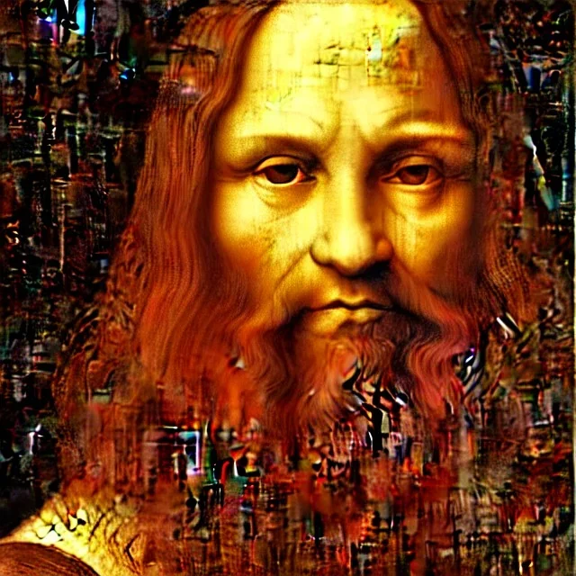 leonardo da vinci with computer. creating in photoshop. hyperdetailed, warm colors, movie poster, photoillustration, oil on canvas, lens flare