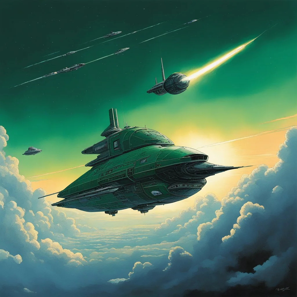 [art by Moebius] A dark green spaceship with two large engines on the sides is flying through clouds. It has a triangular shape with a reactor at its front and looks like it could be from Blade Runner. It's leaving behind a long trail of light as its engine fires off on one side. A planet can be seen far away above the ship. Photorealistic in the style of concept art.