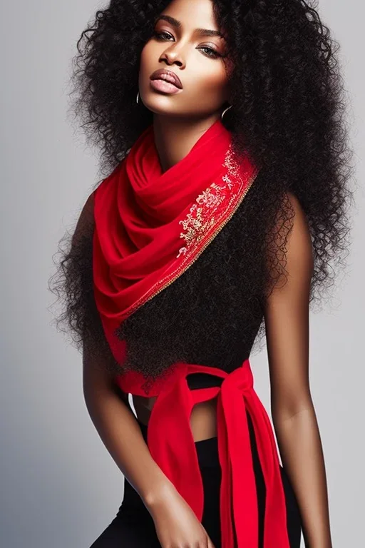 Highly detailed portrait of stunningly beautiful black woman with long silky hair wearing a red scarf and magical clothing