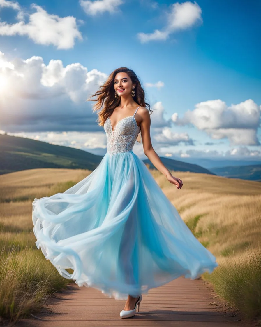 full-body closeup shot of a young, beautiful girl with a perfect face and makeup,wearing pretty dance dress standing in a stage in open air nice hills , blue sky ,pretty clouds at distant