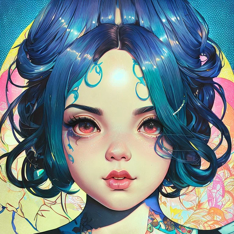 singer Melanie Martinez face, beautiful cyberpunk huge girl, hyperdetailed, illustration by Katsushika Hokusai, darkblue tones,