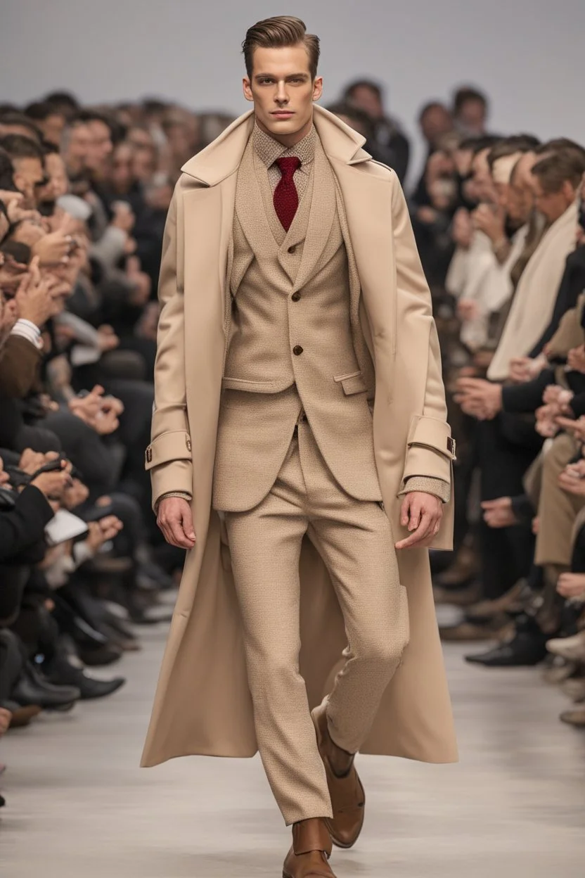 a men winter fashion runway with moderna clothes hugely inspired by Superman style, embroidery elegante fashion beige tones