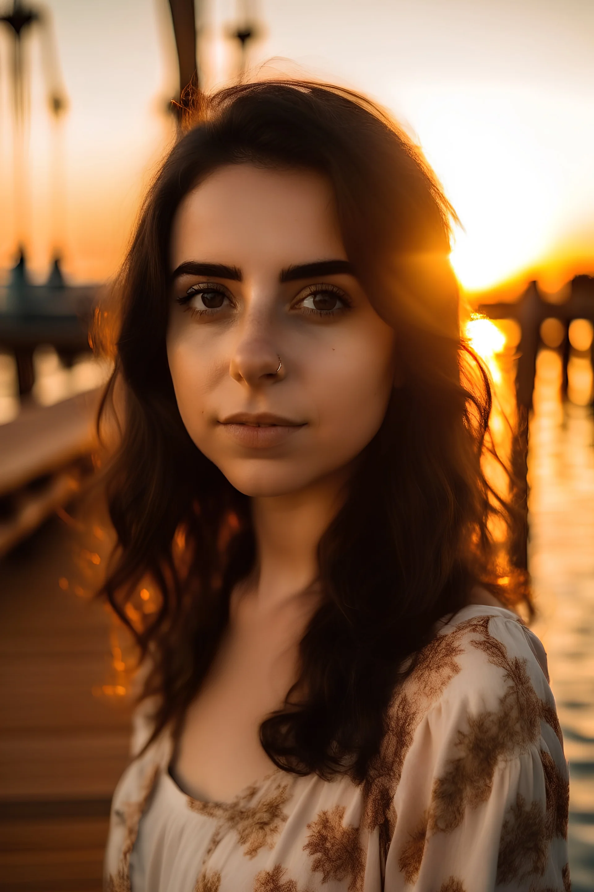 chica morocha, de ojos marrones, con indumentaria estilo playera, en un muelle con el sol del atardecer