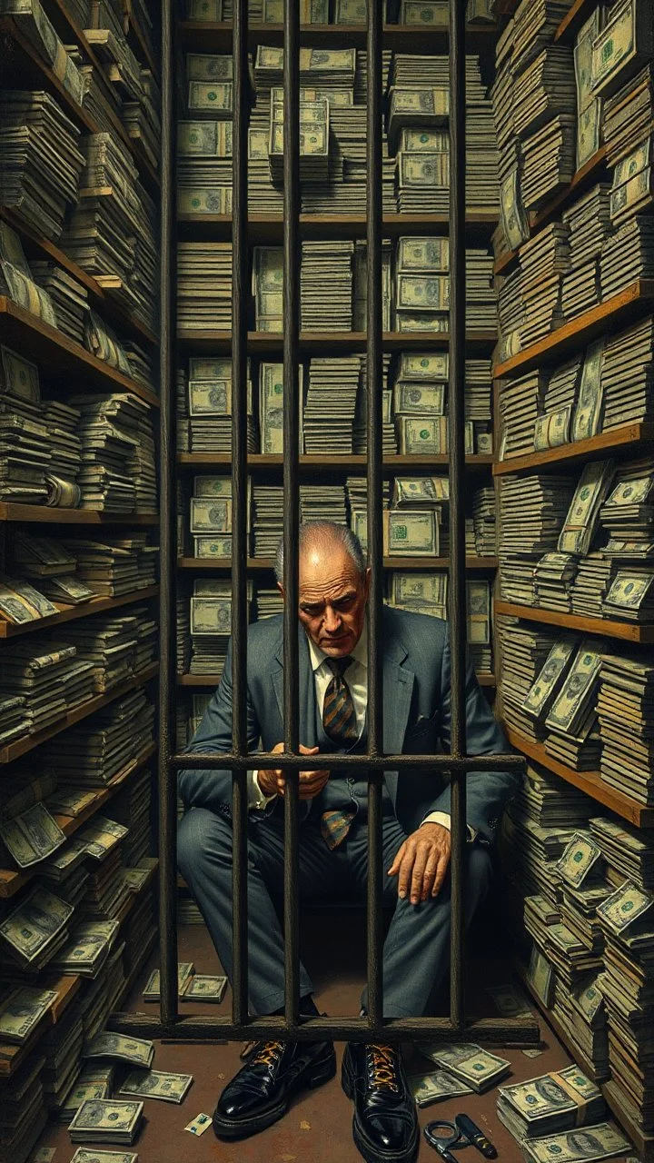 Bosch painting style nightmare, a rich man surrounded by a walls of money on the shelfs , sitting alone behind A prison bars