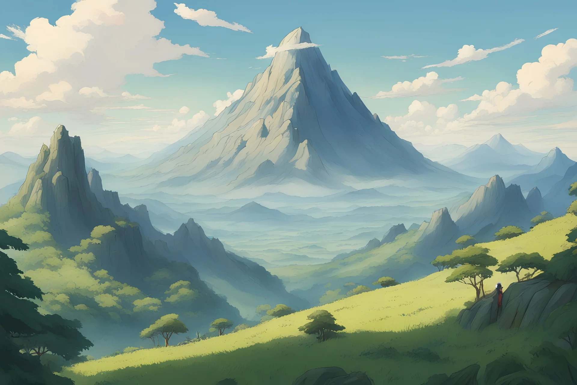 Nature, mountain in the horizon, ghibli style