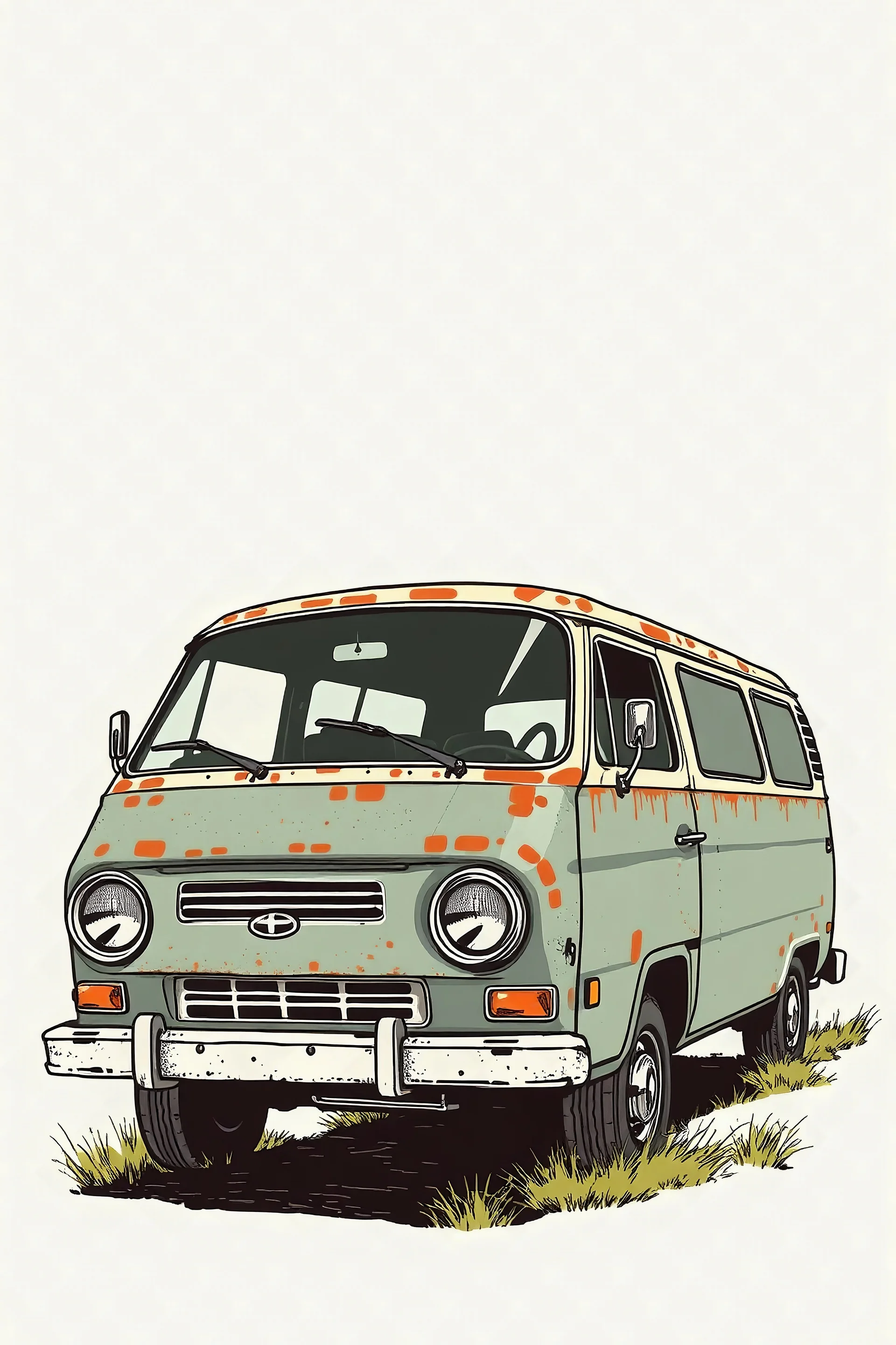 drawn of a rusty minivan in a 70's illustration style