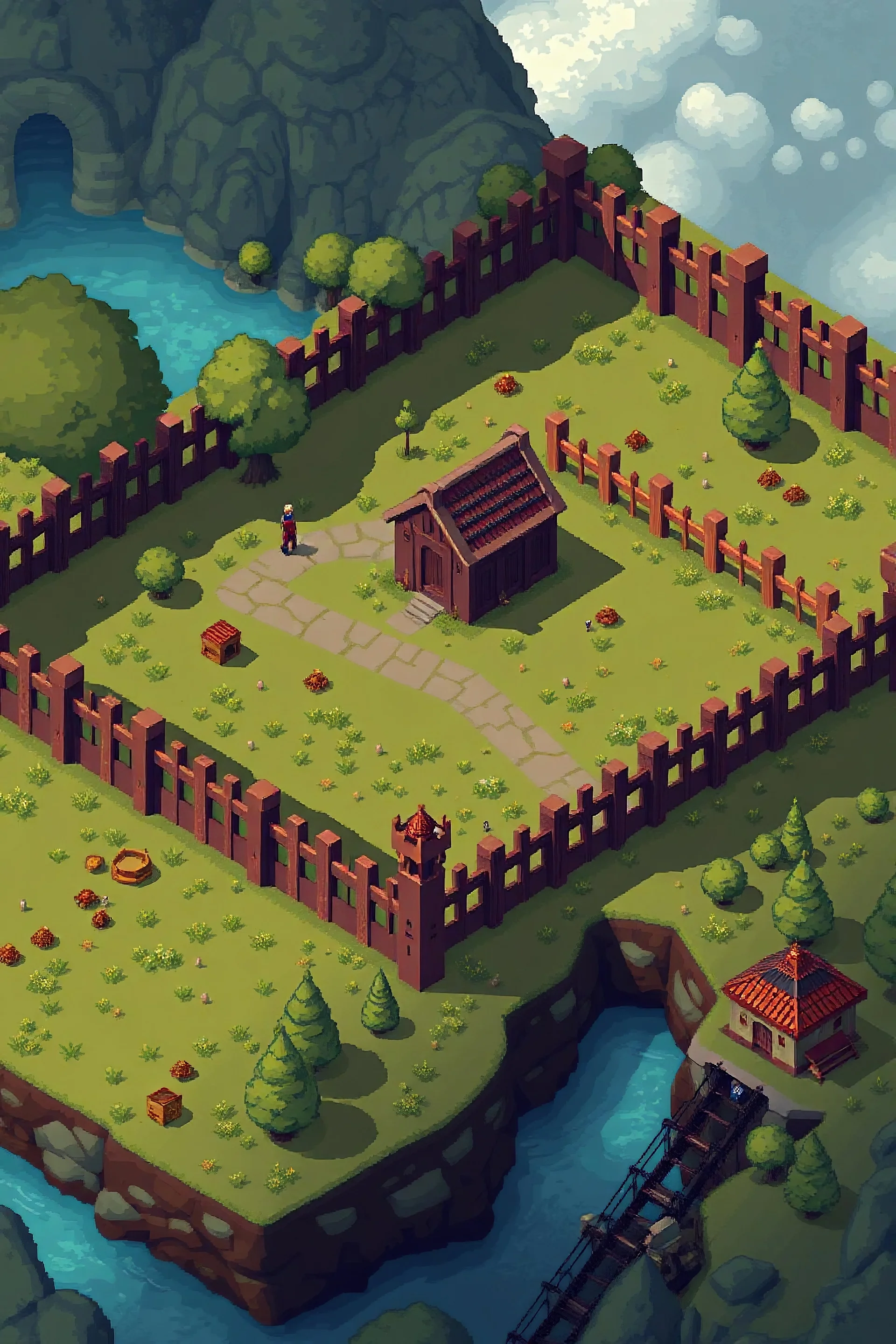 Upscale @DunnoAye medieval fenced field, isometric, pixel art