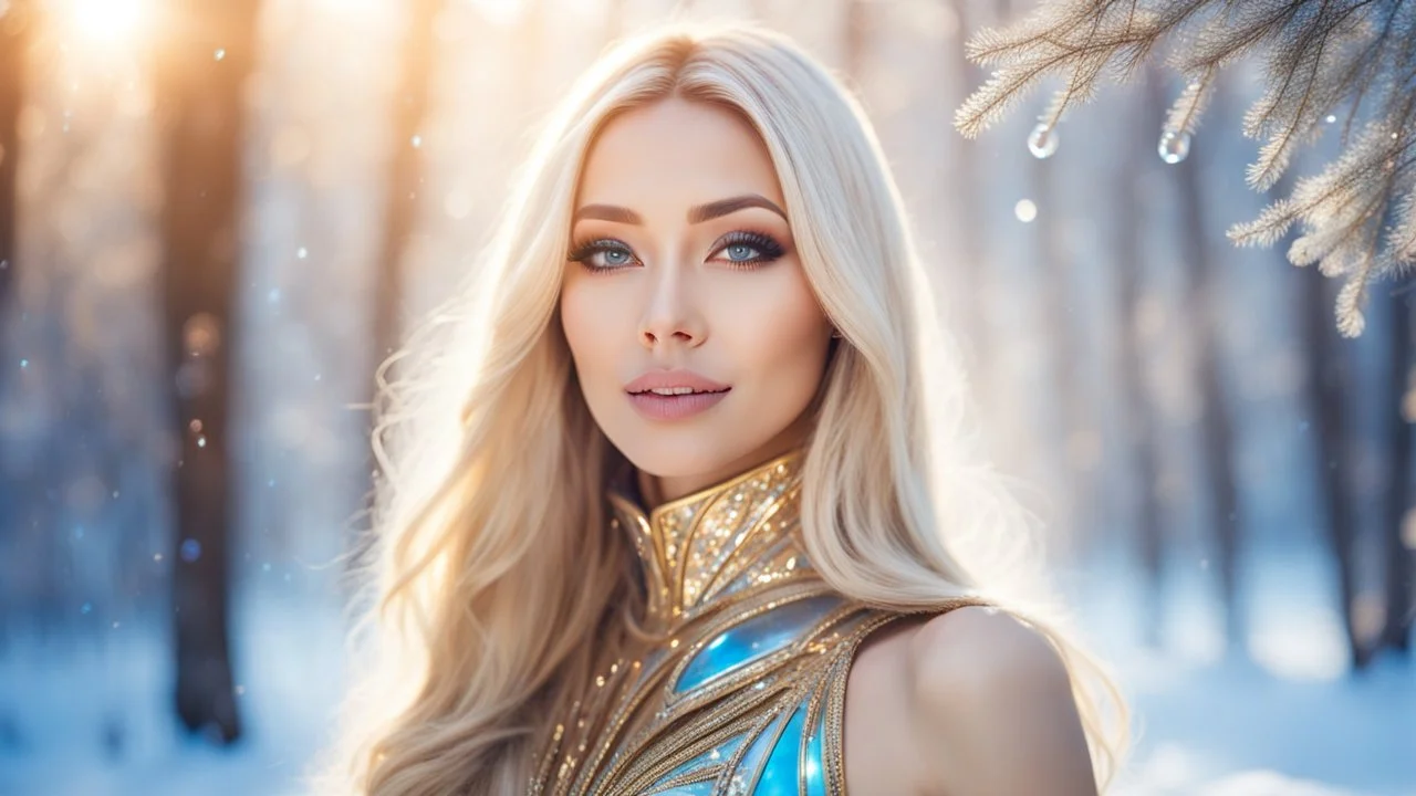 Photo realistic portrait of a gorgeous smiling skinny euro-asian goddess with a golden dark shining skin, long smooth blonde hair, blue eyes, in a sci-fi outfit with luminous strikes blowing a kiss in a snowy wood with beautiful trees, a futuristic crystal palace with cupulas, sunrays through the branches at sunset, particles in the air in winter. Intricated details,