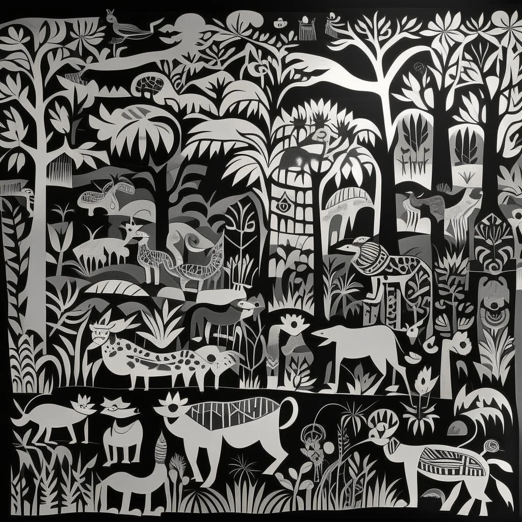 Gray woodlands with wolves, frogs, and centipedes designed in Javanese shadow puppets painted by Stuart Davis