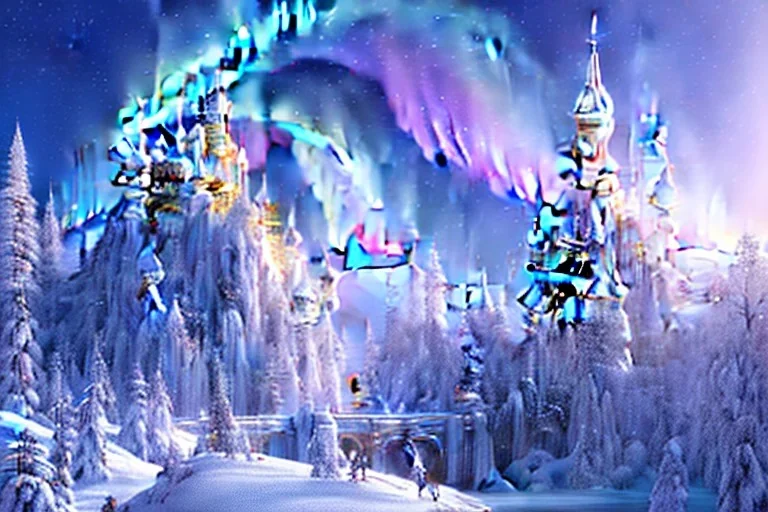  white and gold crystal castle，waterfall, winter snow flakessnow, northern Lights, full of details, smooth, bright sunshine，soft light atmosphere, light effect，vaporwave colorful, concept art, smooth, extremely sharp detail, finely tuned detail, ultra high definition, 8 k, unreal engine 5, ultra sharp focus