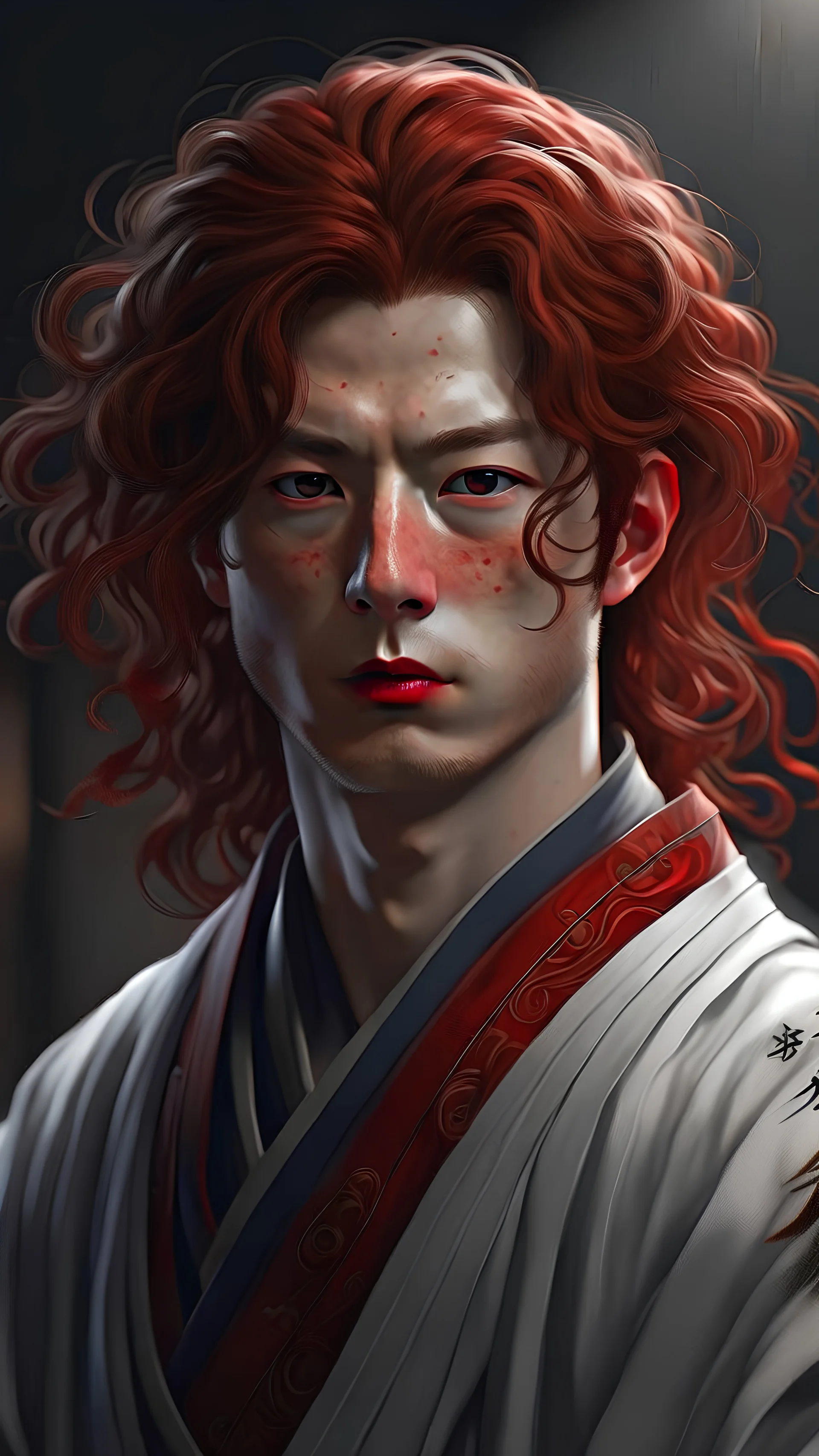 young man samurai, curly long hair, red hair, japanese, old era, l5r, ultra sharp 8k uhd smooth sharp focus highly detailed cgsociety artstation hq behance hd trending on artforum illustration photorealistic digital painting, white kimono, face, portrait, head and shoulders