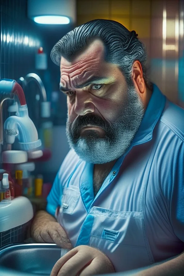 portrait photography, strong burly chubby ugly 53-year-old turkish gas station worker in public toilets washing hands at the sinks in dirty opened shirt and gas station uniform, bulge, beard, bullneck, hyperrealistic, photographic, high detailed, 35mm lens, strong side neon light, ambient occlusion