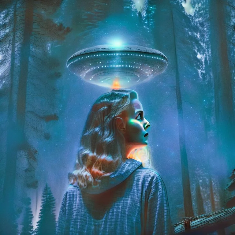 photo of a young woman in a dark forest looking at a UFO in the sky, martin scorsese style