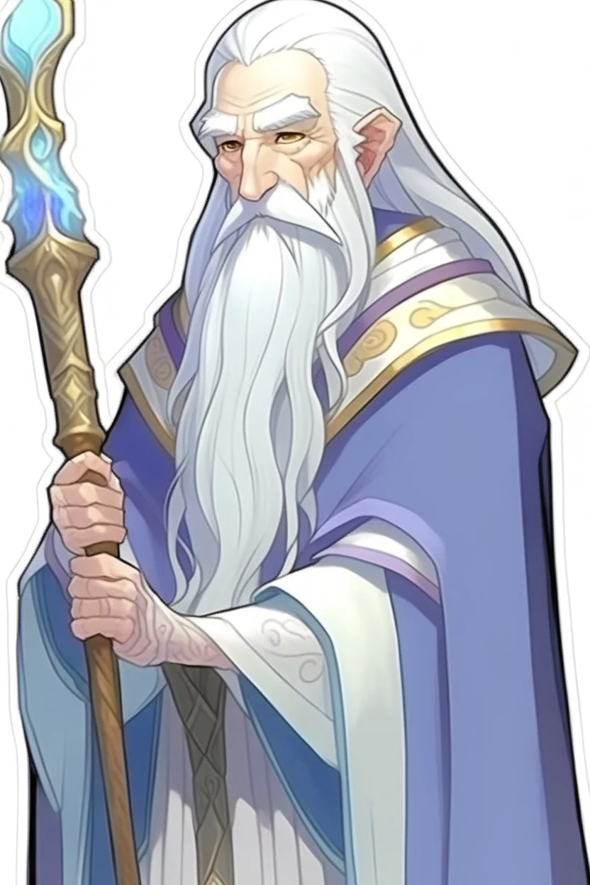a drawing of a wizard holding a wand, by Kanbun Master, reddit, hurufiyya, he is a long boi ”, dwarf with white hair, discord profile picture, semi realistic