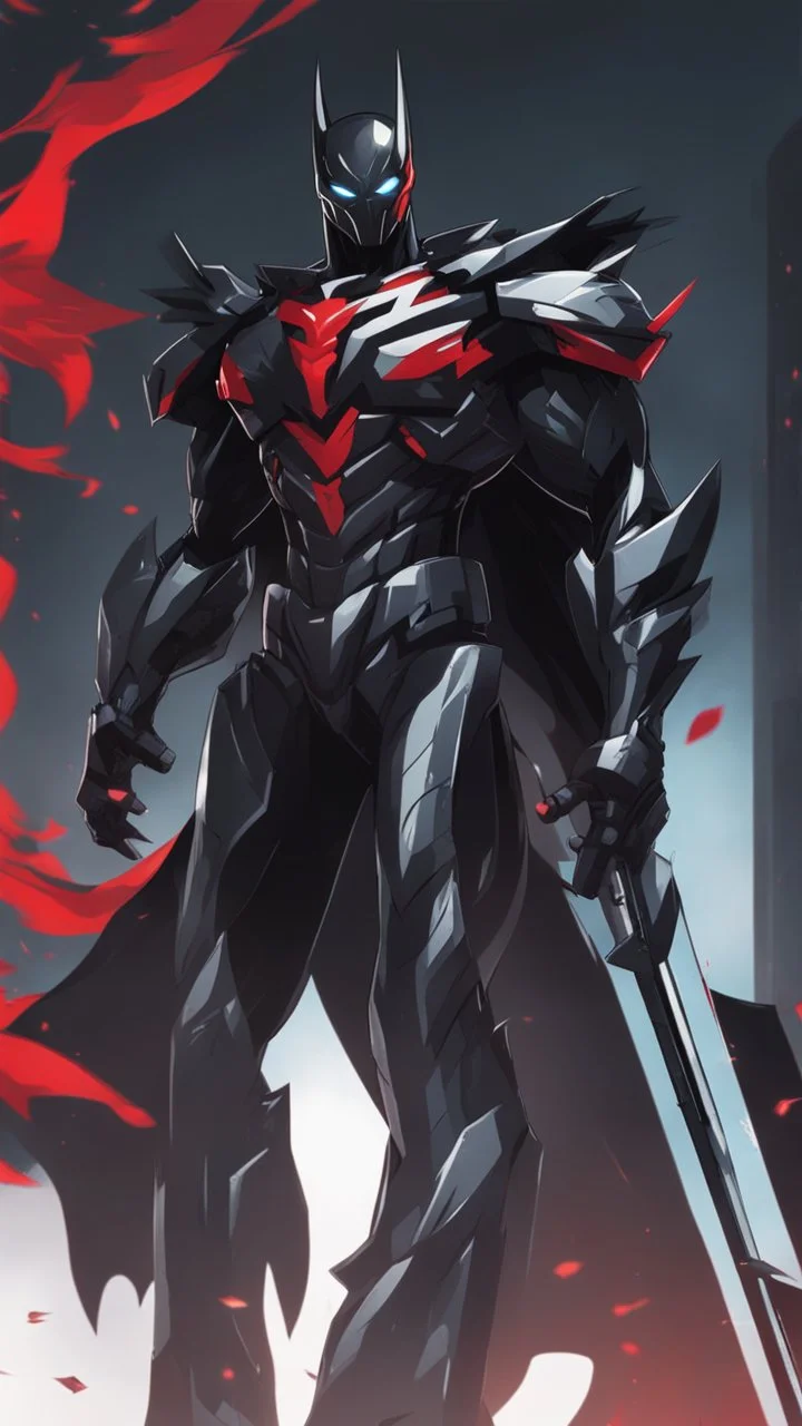 A close picture to Mix between transformers and batman and symbiote venom in solo leveling shadow art style with red details detailsis in fantasy world
