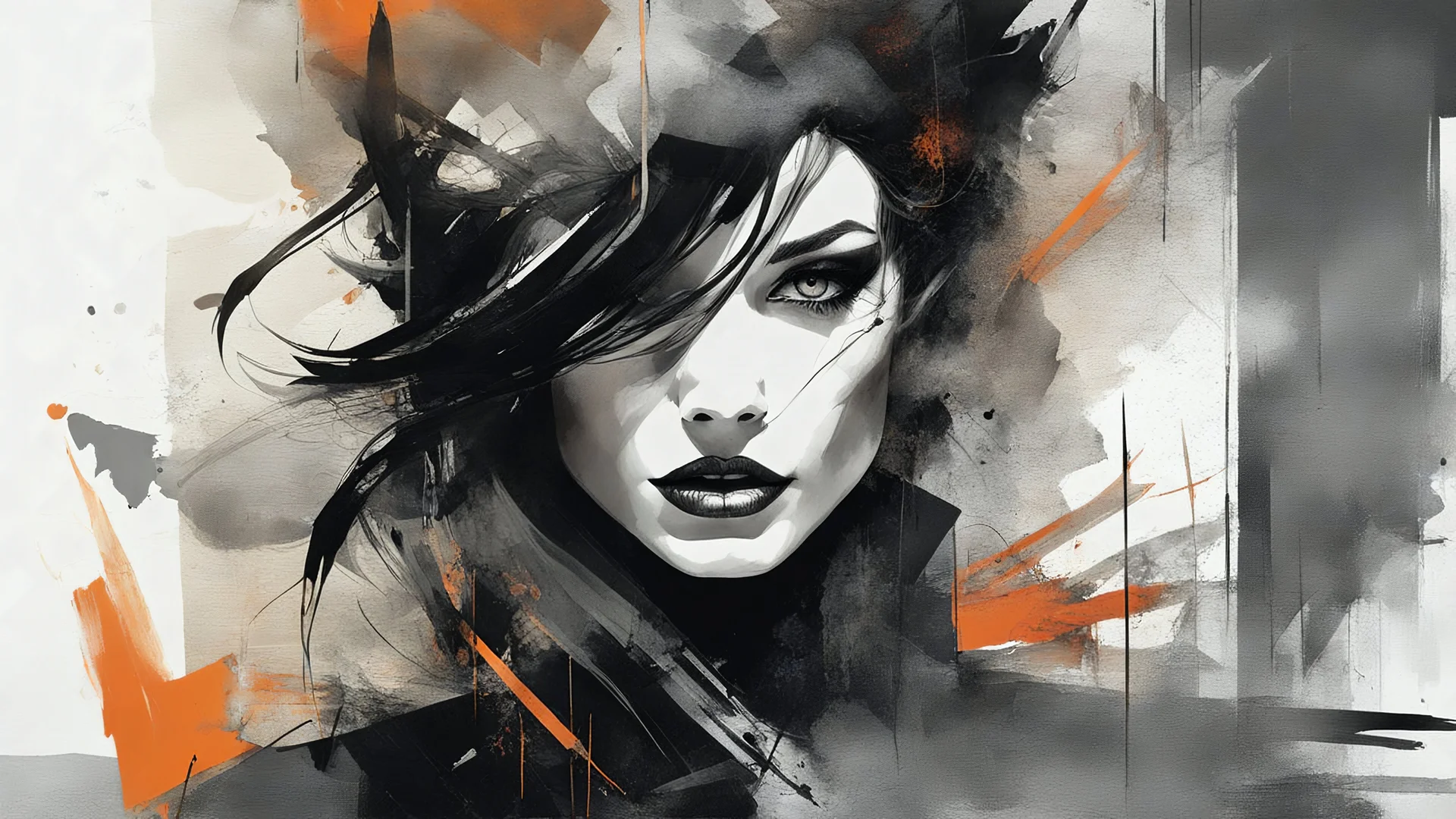 aesthetic, painterly style, modern ink, venom, sensual, sultry, dark blouse, expressive pose, urbanpunk, abstract texture multilayer background, neo-expressionist , Russ Mills, Ian Miller