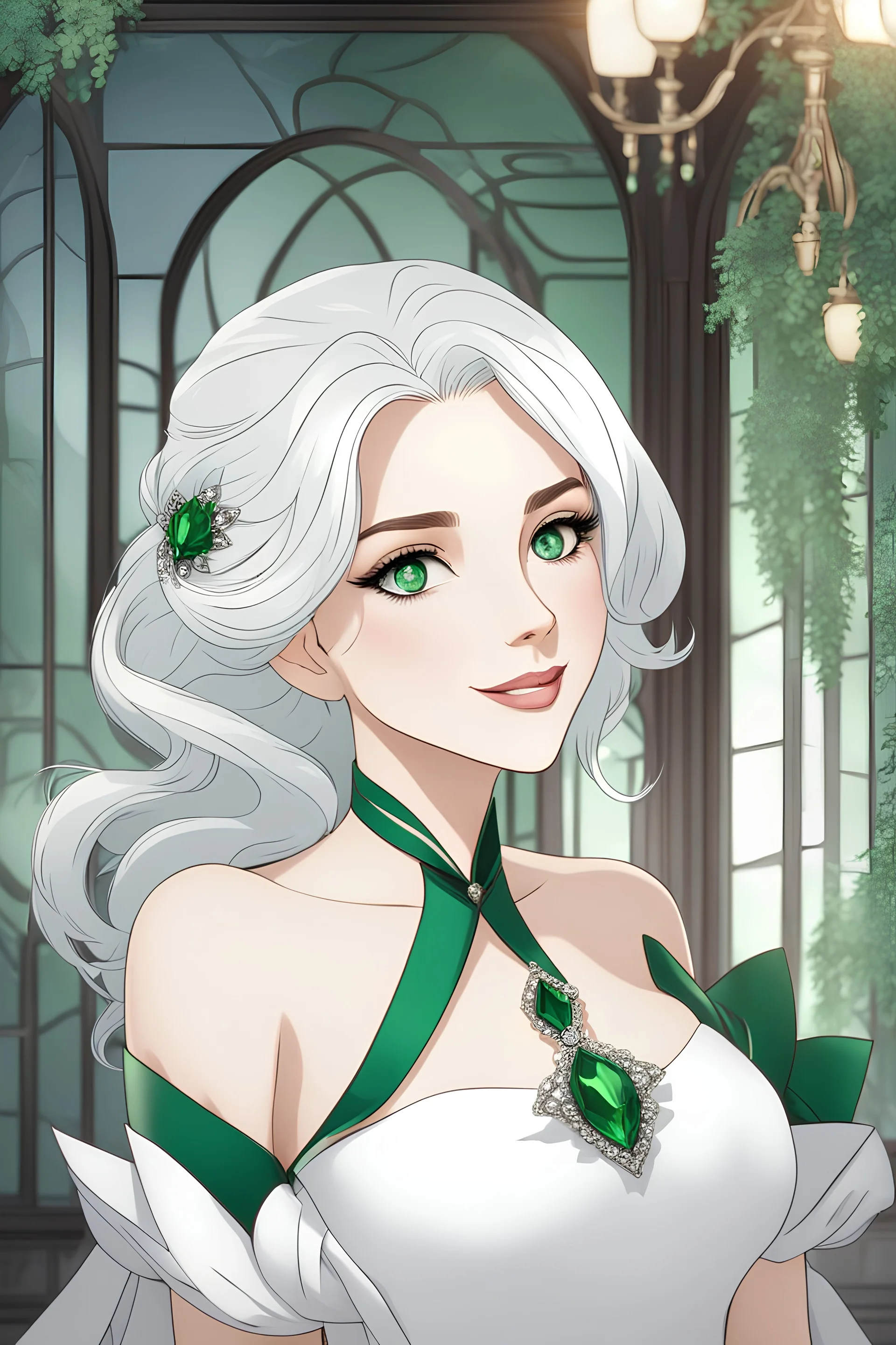 Young woman with white hair, beautiful, well-groomed, green eyes, smiling, friendly, wearing a cocktail dress, jewelry, aristocractic background, RWBY animation style