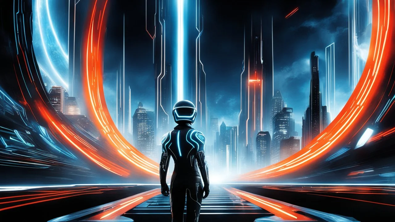 tron legacy movie, city of lights blue, red and orange, programs, space ships, clouds,