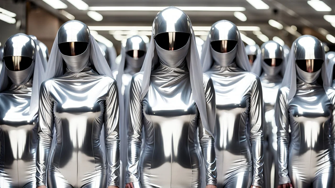 Hyperrealistisch dutzende Frauen völlig verhüllt von hermetischen silber glänzendem Ganzkörper-Zentai mit geschlossenem undurchsichtig verspiegeltem Visier in identischen silberfarbenen, geschlossenen Helmen marschieren in Reih und Glied eine Rampe hinunter