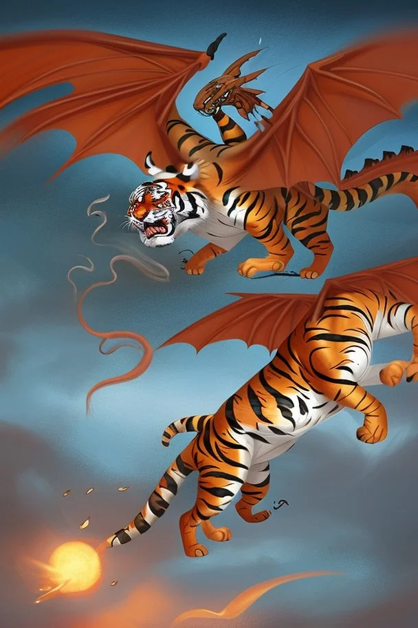 A flying tiger with wings is fighting with a dragon.