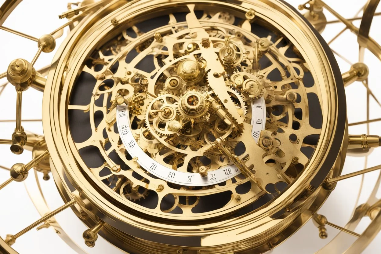 clockwork orrery, with clockfaces, cogs, springs, polished brass