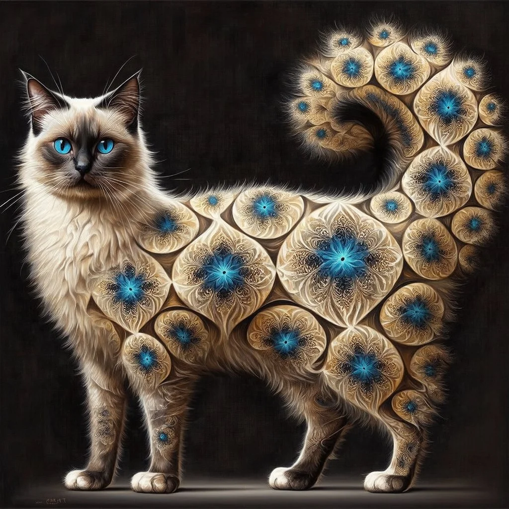 Create a painting of a standing full body blue eyed Siamese cat with fractal patterns in his coat. Bushy tail. Background black. Hyperrealistic.