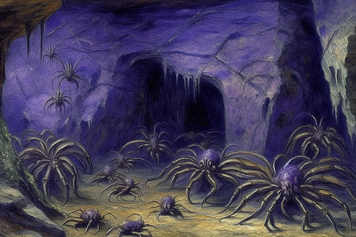 A purple catacombs with crawling spiders painted by Claude Monet