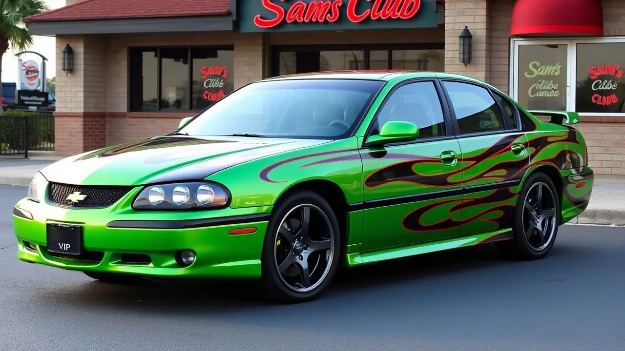 suped up 2004 chevy impala supersport musclecar, green with black flames outlined with a thin red pinstripe, in front of Sam's club, SuperSport car, impressive, VIP, award winning, detailed